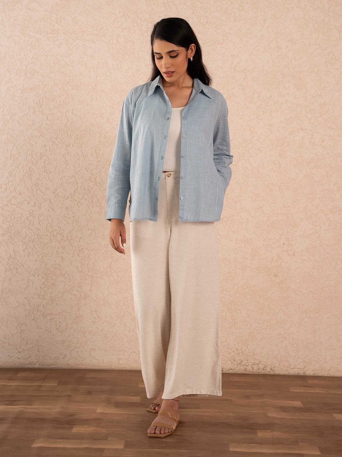 Grey Blue Textured Relaxed Cotton Shirt