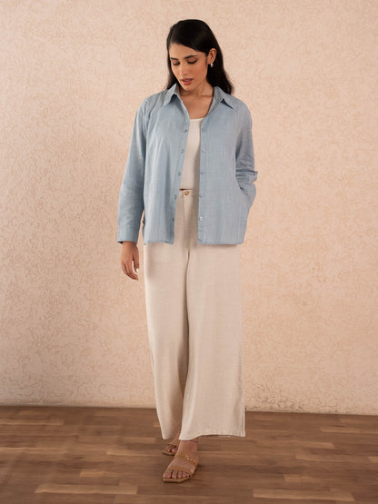 Grey Blue Textured Relaxed Cotton Shirt