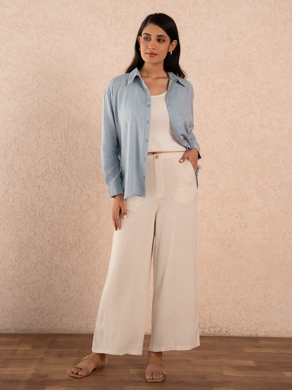 Grey Blue Textured Relaxed Cotton Shirt