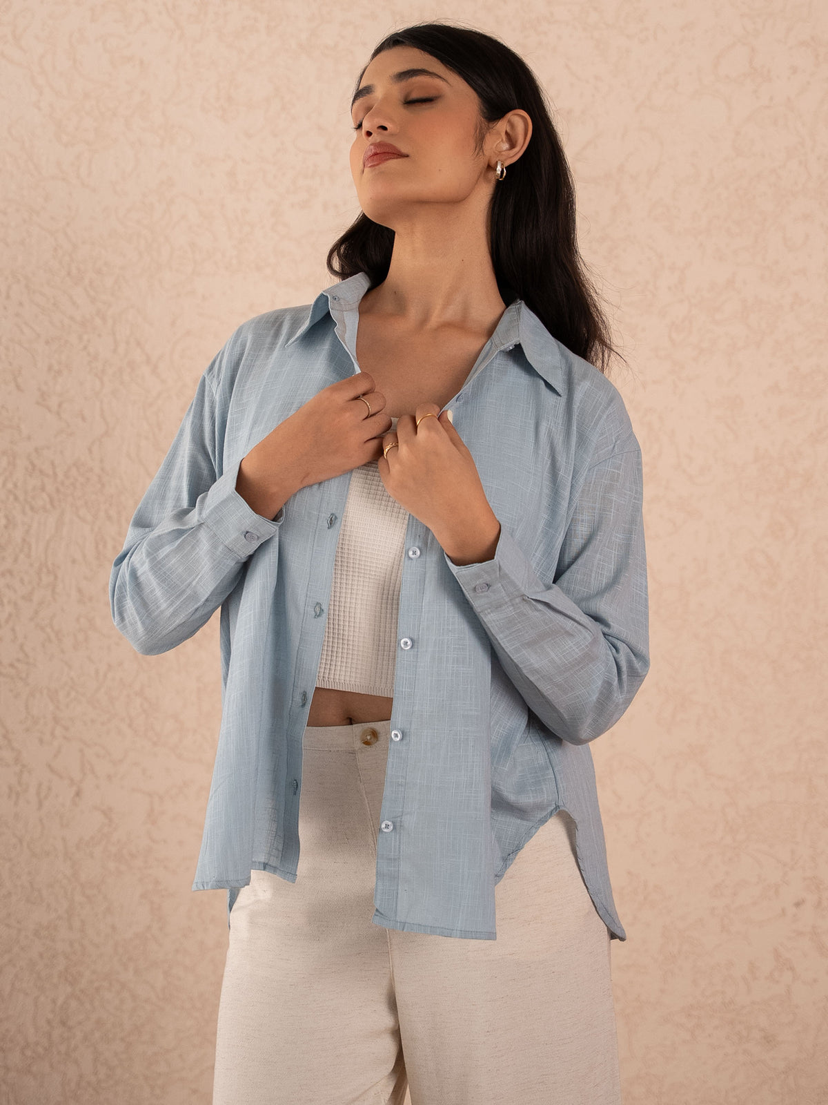 Grey Blue Textured Relaxed Cotton Shirt