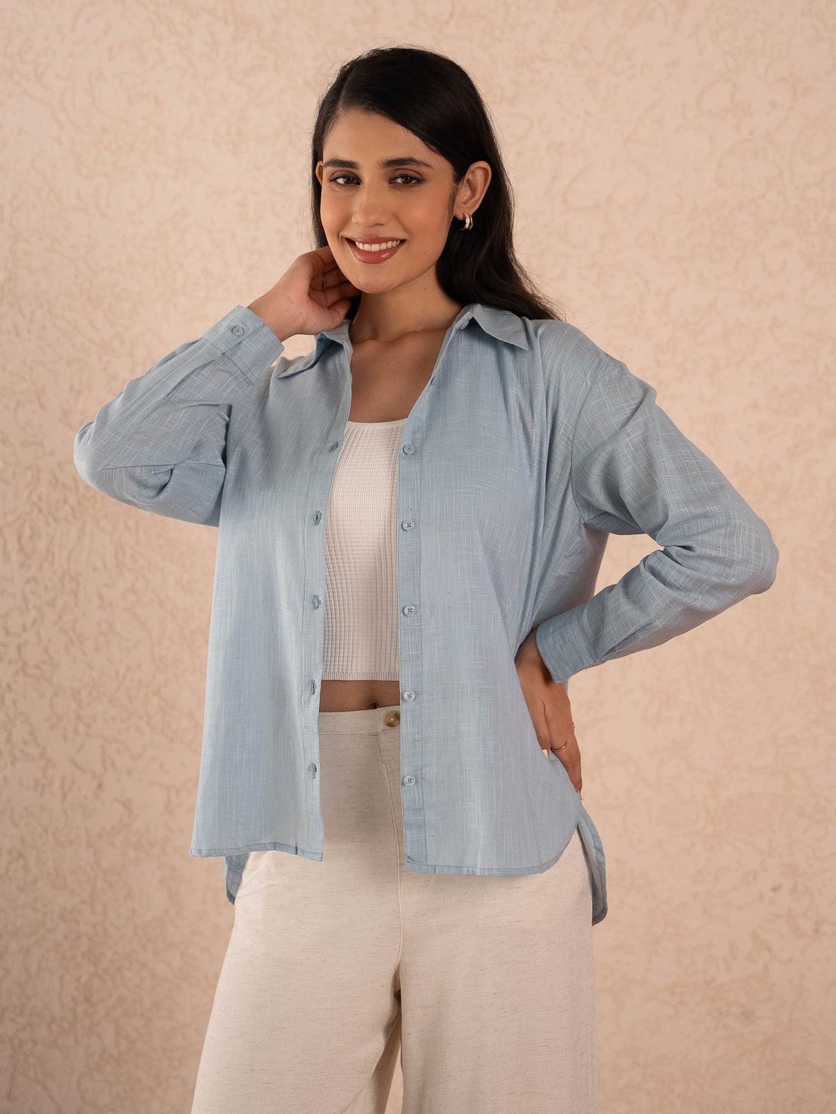 Grey Blue Textured Relaxed Cotton Shirt