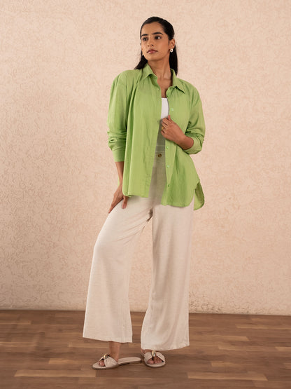 Lime Green Textured Relaxed Cotton Shirt