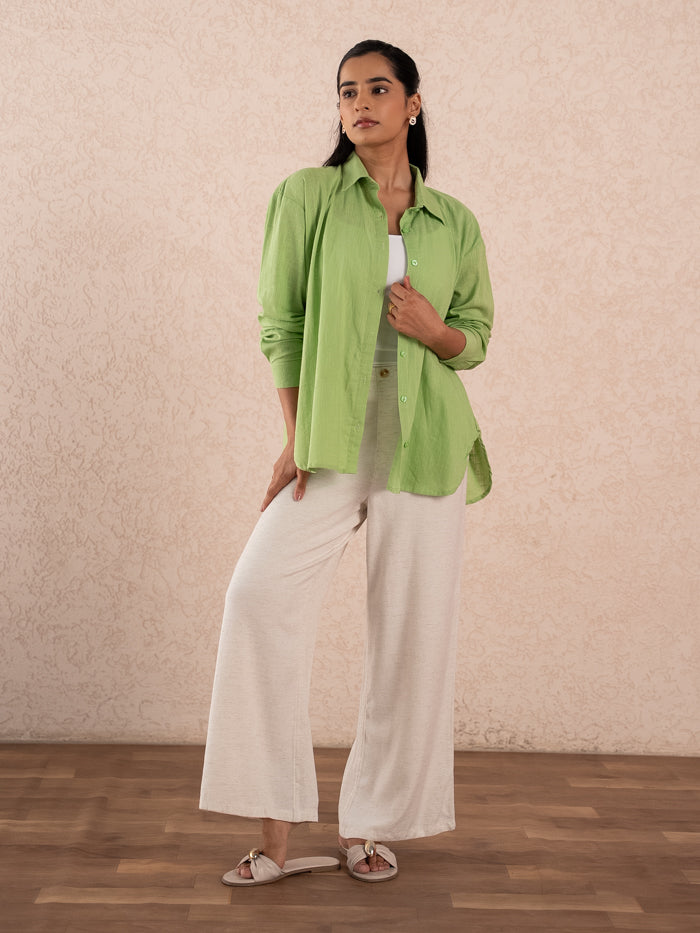 Lime Green Textured Relaxed Cotton Shirt