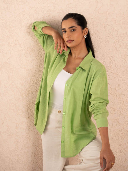 Lime Green Textured Relaxed Cotton Shirt