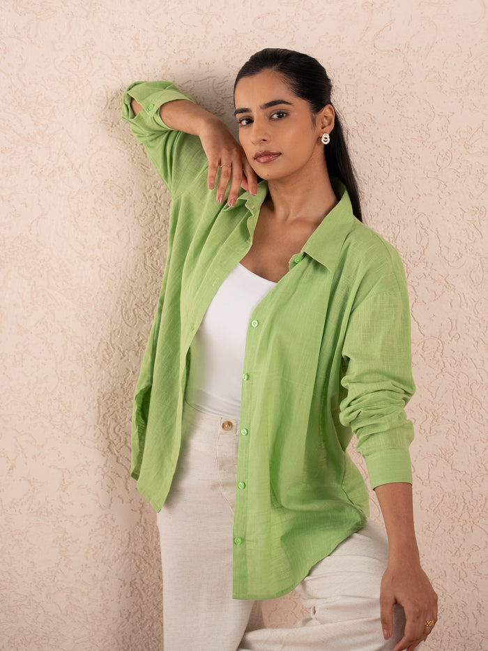 Lime Green Textured Relaxed Cotton Shirt