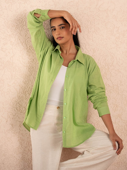 Lime Green Textured Relaxed Cotton Shirt