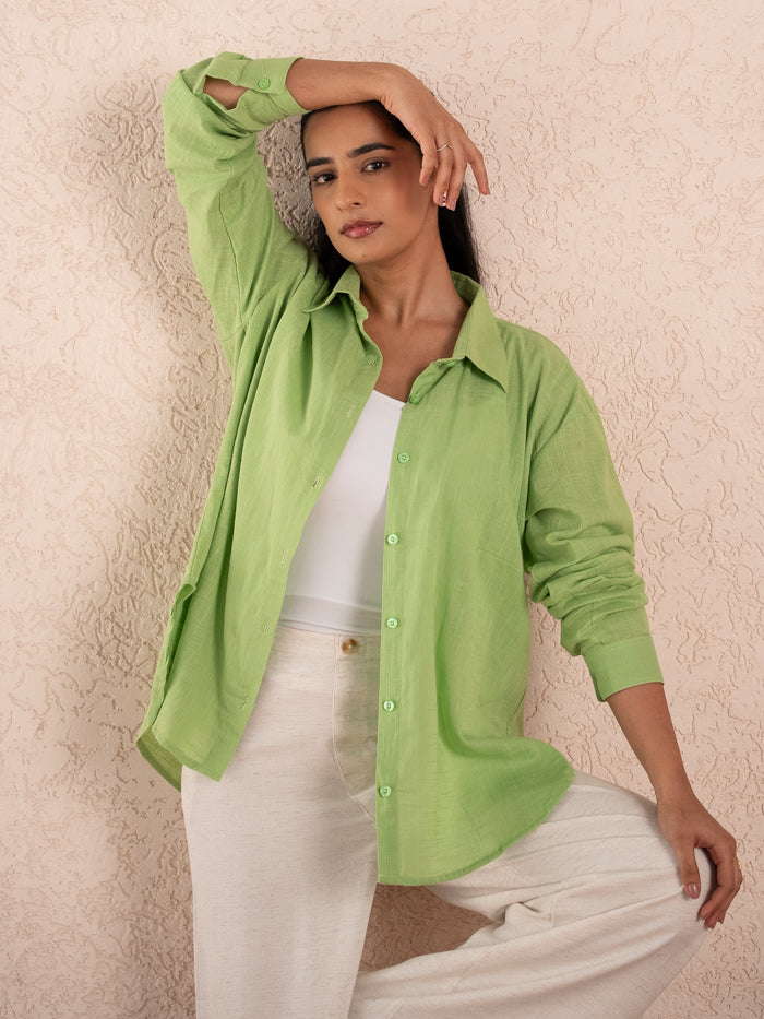 Lime Green Textured Relaxed Cotton Shirt