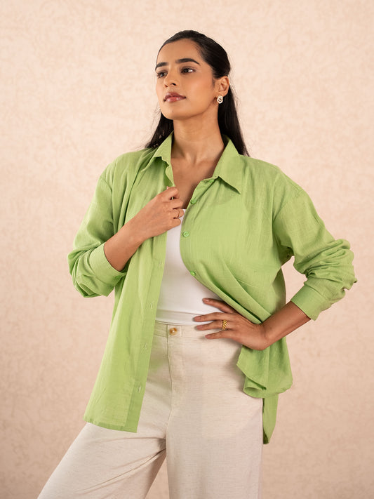 Lime Green Textured Relaxed Cotton Shirt