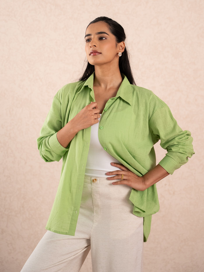 Lime Green Textured Relaxed Cotton Shirt