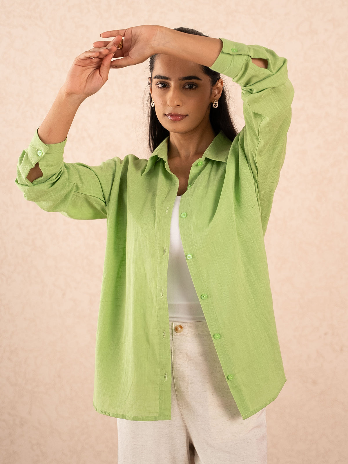 Lime Green Textured Relaxed Cotton Shirt
