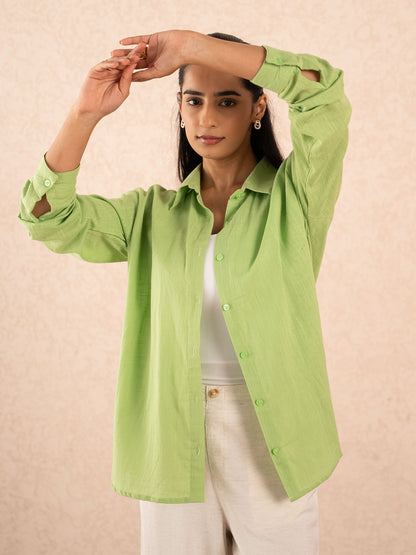 Lime Green Textured Relaxed Cotton Shirt