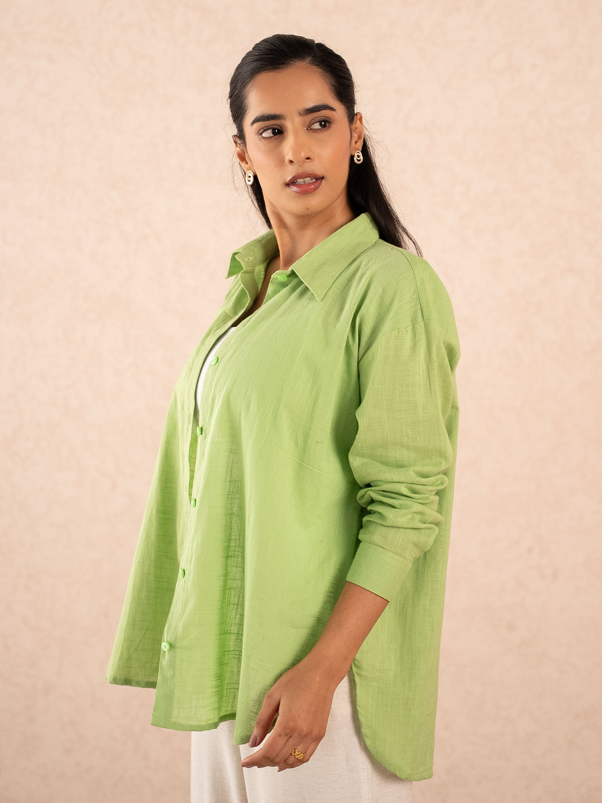 Lime Green Textured Relaxed Cotton Shirt