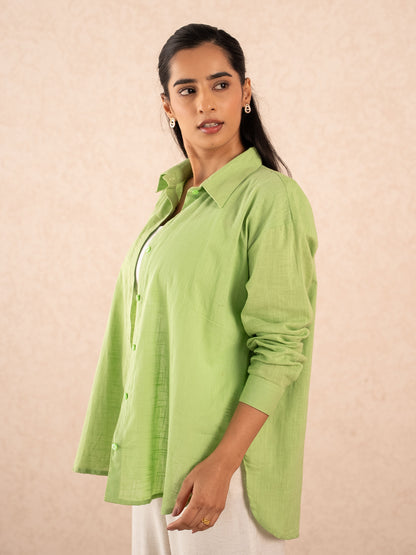 Lime Green Textured Relaxed Cotton Shirt