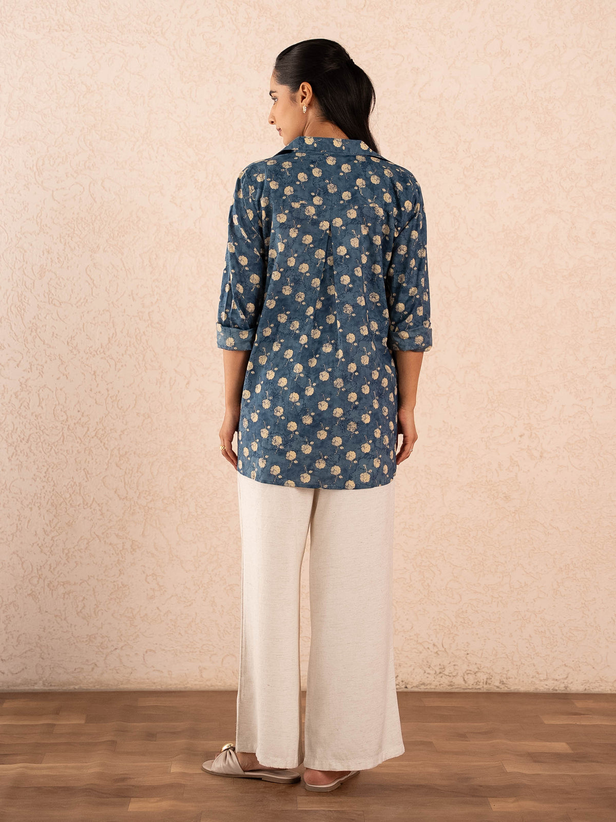 Blue Floral Print Relaxed Cotton Shirt