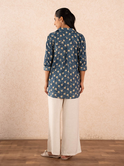 Blue Floral Print Relaxed Cotton Shirt