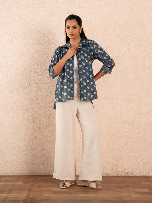 Blue Floral Print Relaxed Cotton Shirt