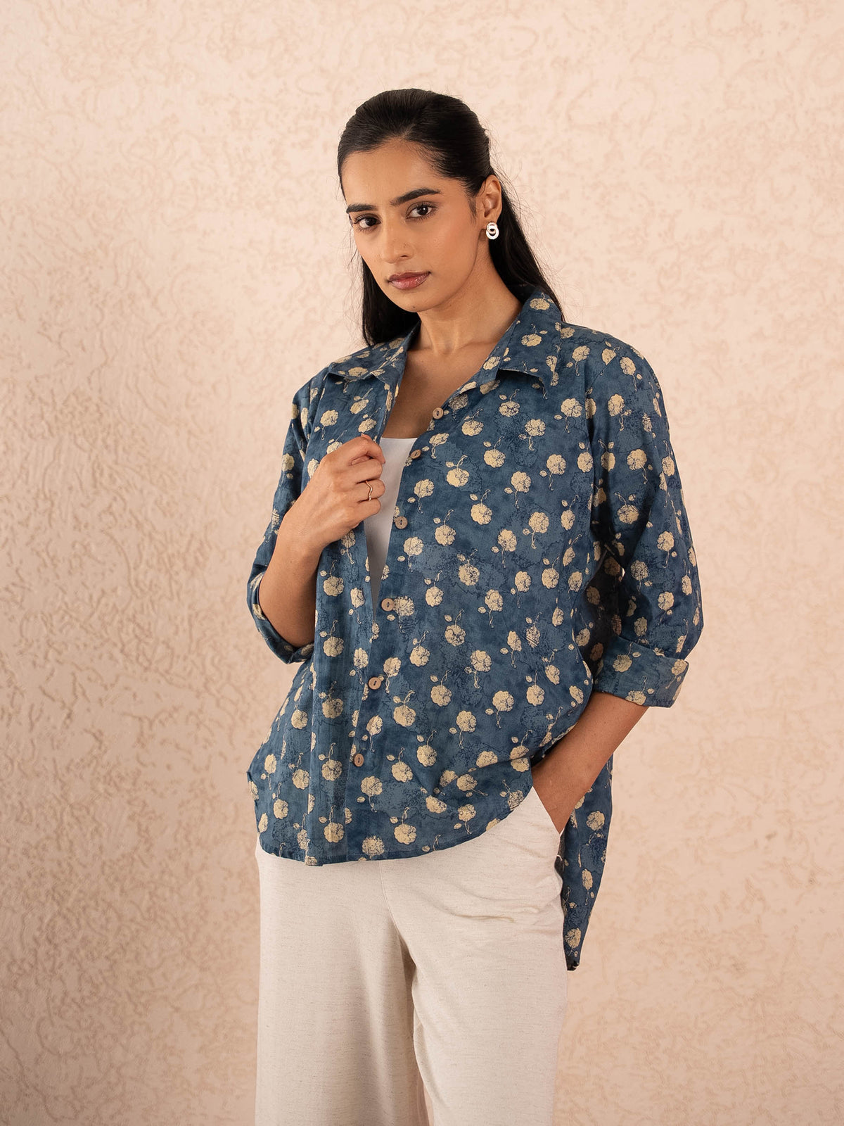 Blue Floral Print Relaxed Cotton Shirt