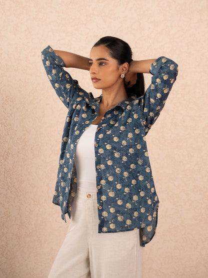 Blue Floral Print Relaxed Cotton Shirt