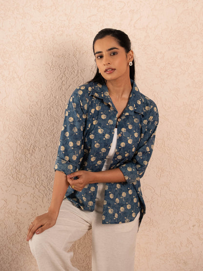 Blue Floral Print Relaxed Cotton Shirt