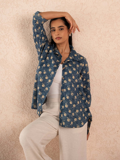 Blue Floral Print Relaxed Cotton Shirt