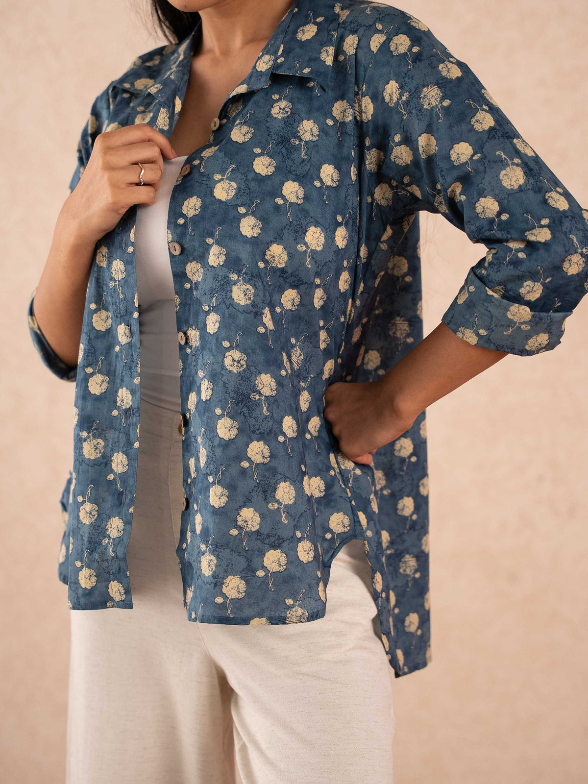 Blue Floral Print Relaxed Cotton Shirt