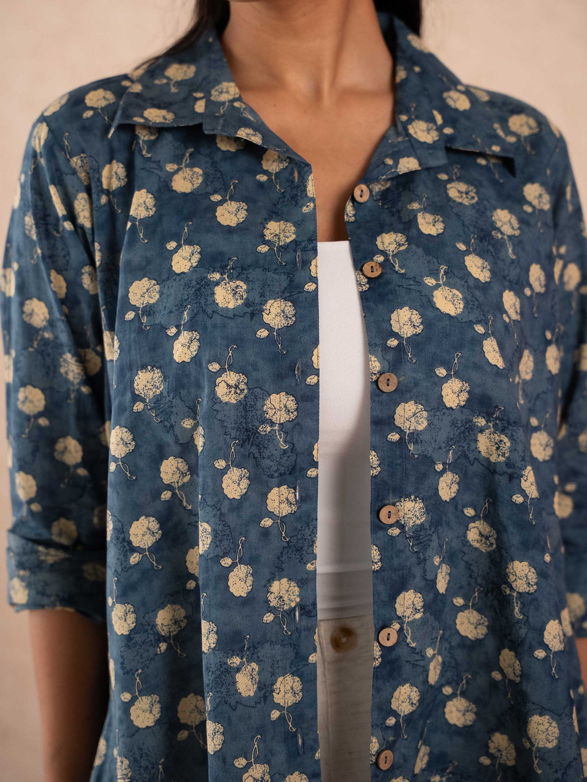 Blue Floral Print Relaxed Cotton Shirt