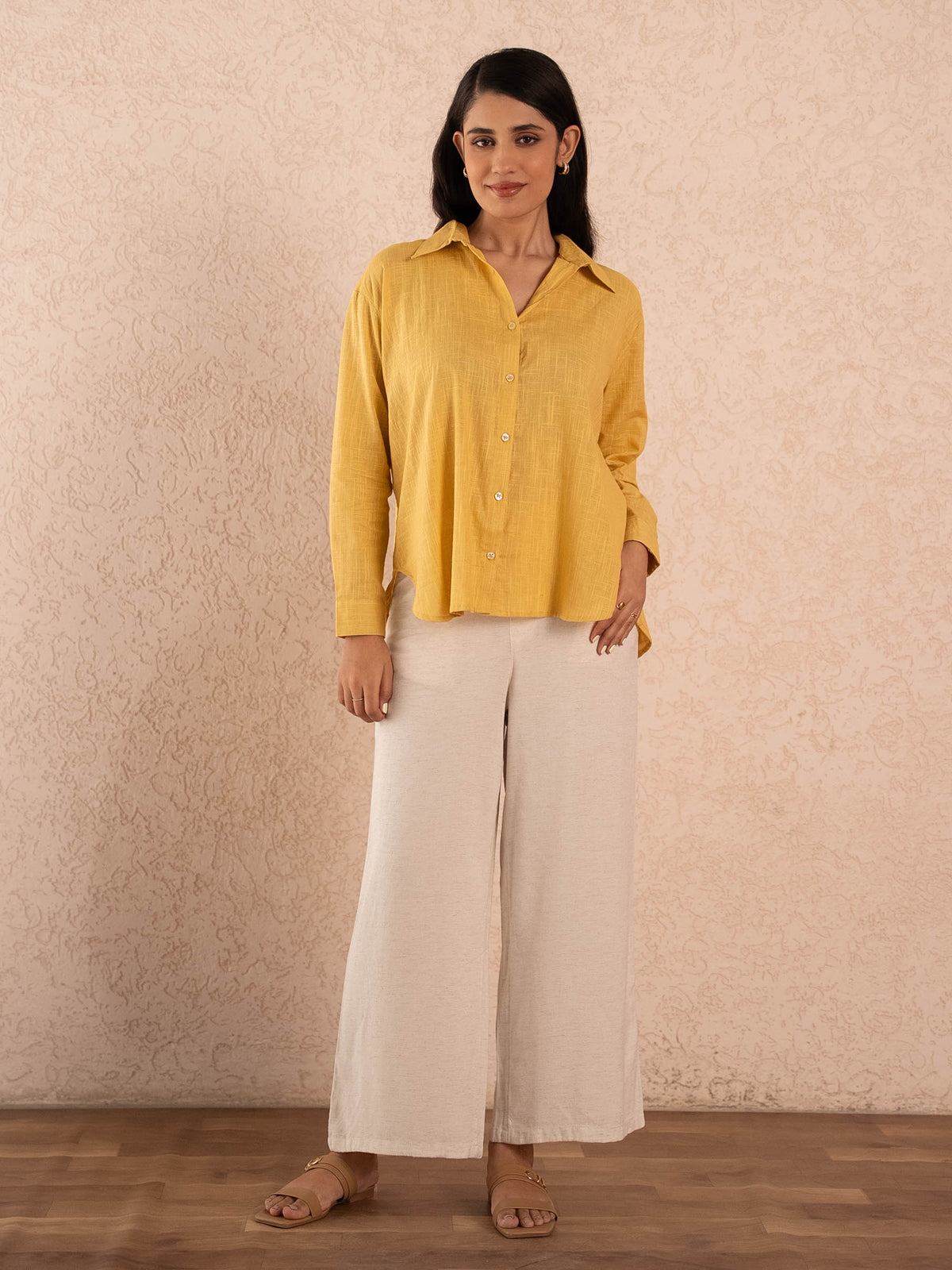 Mustard Yellow Textured Relaxed Cotton Shirt