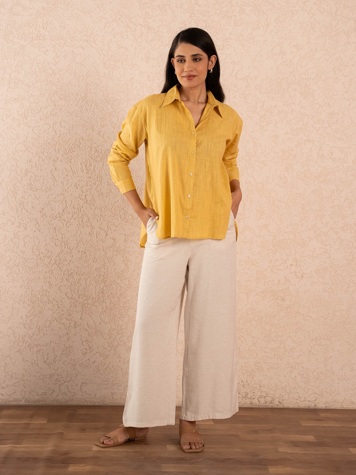 Mustard Yellow Textured Relaxed Cotton Shirt