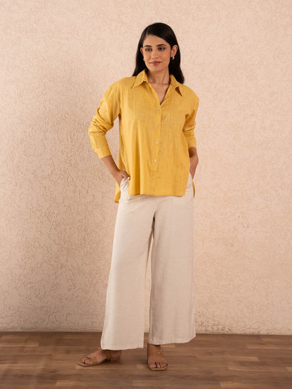 Mustard Yellow Textured Relaxed Cotton Shirt