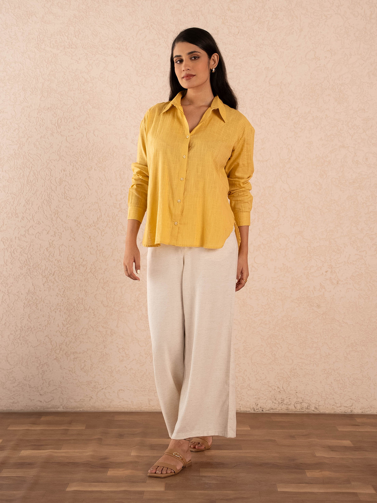 Mustard Yellow Textured Relaxed Cotton Shirt