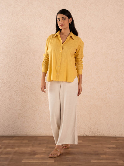 Mustard Yellow Textured Relaxed Cotton Shirt