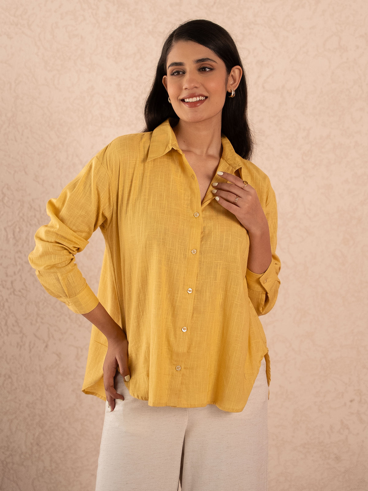 Mustard Yellow Textured Relaxed Cotton Shirt
