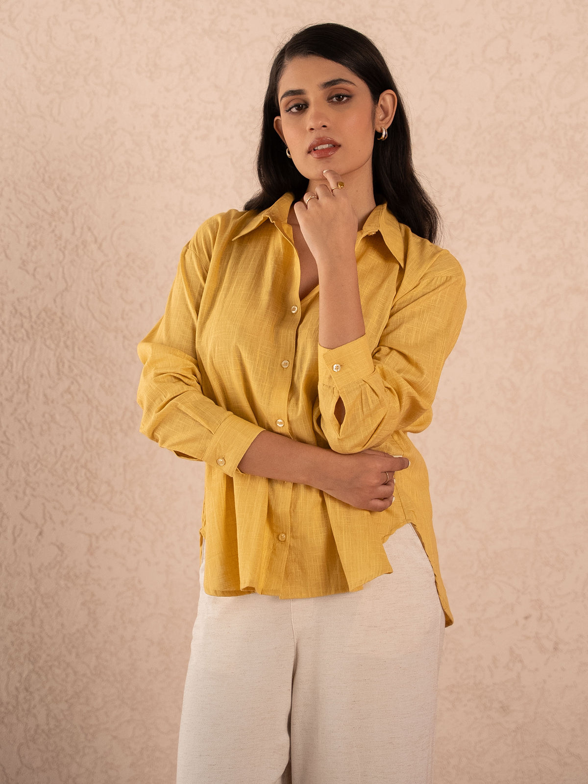 Mustard Yellow Textured Relaxed Cotton Shirt