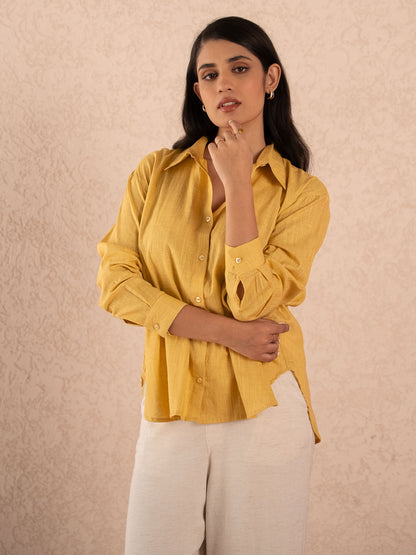 Mustard Yellow Textured Relaxed Cotton Shirt