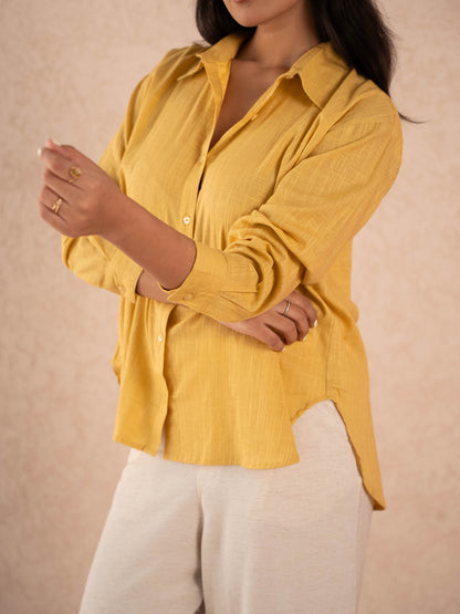 Mustard Yellow Textured Relaxed Cotton Shirt