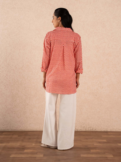 Red Polka Dot Print Relaxed Cotton Shirt