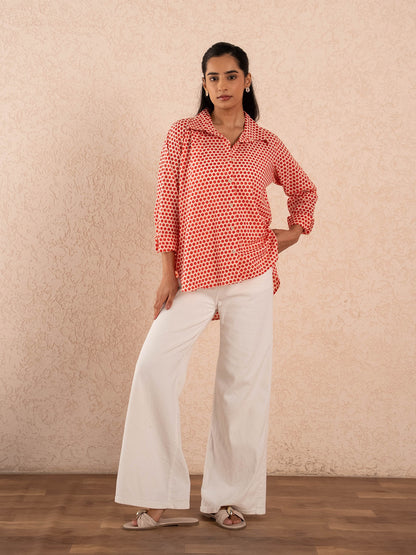 Red Polka Dot Print Relaxed Cotton Shirt