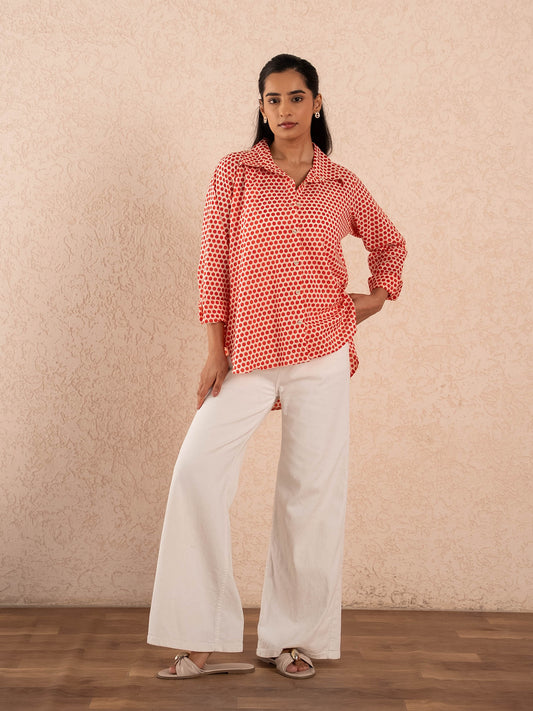 Red Polka Dot Print Relaxed Cotton Shirt