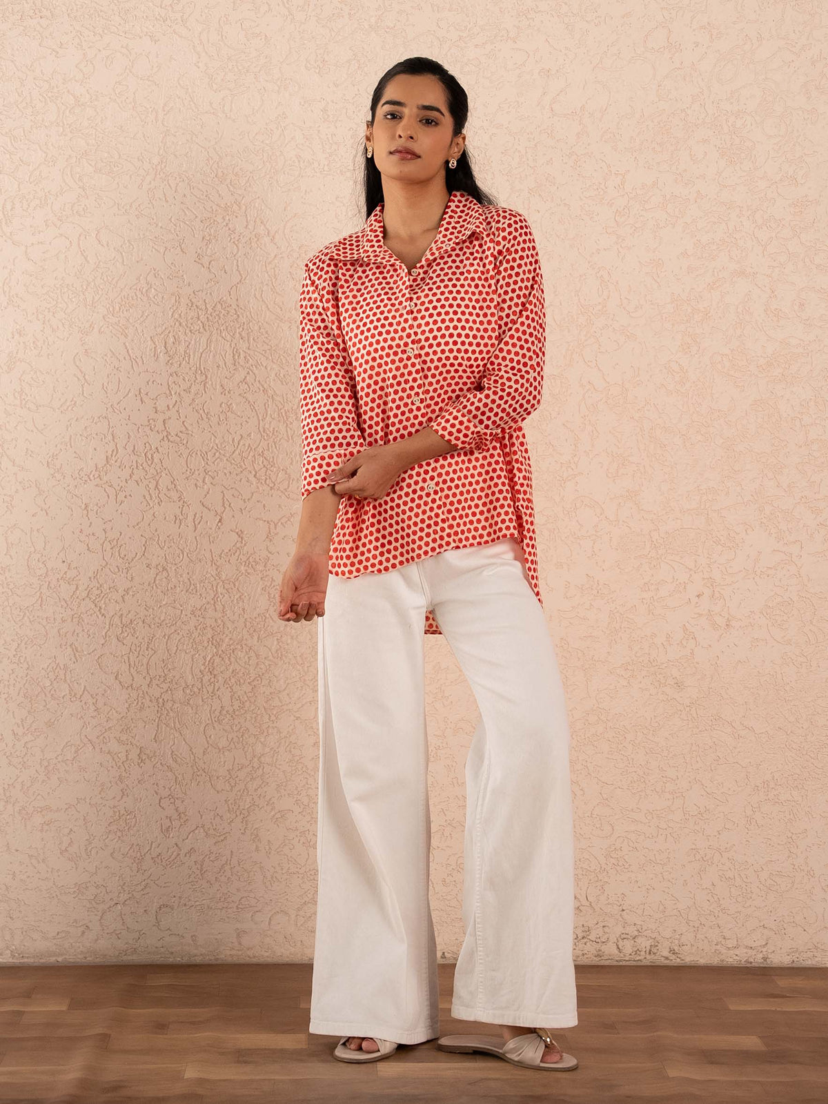 Red Polka Dot Print Relaxed Cotton Shirt