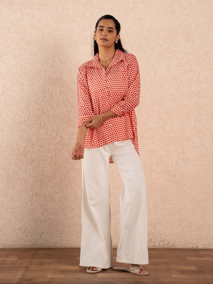 Red Polka Dot Print Relaxed Cotton Shirt