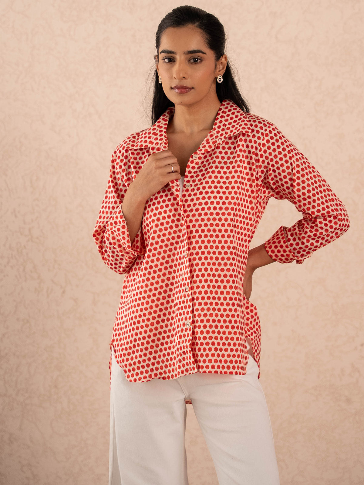 Red Polka Dot Print Relaxed Cotton Shirt