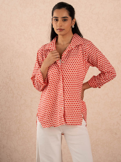 Red Polka Dot Print Relaxed Cotton Shirt