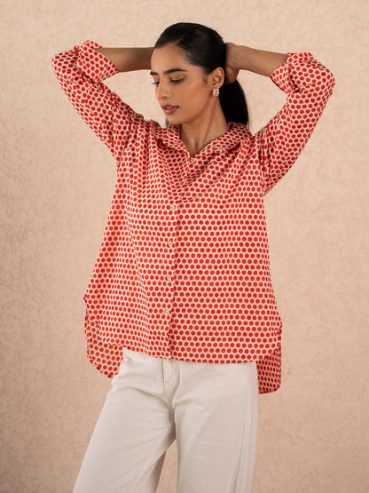 Red Polka Dot Print Relaxed Cotton Shirt