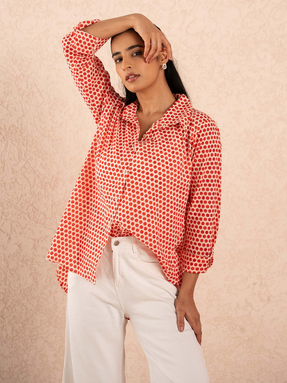 Red Polka Dot Print Relaxed Cotton Shirt