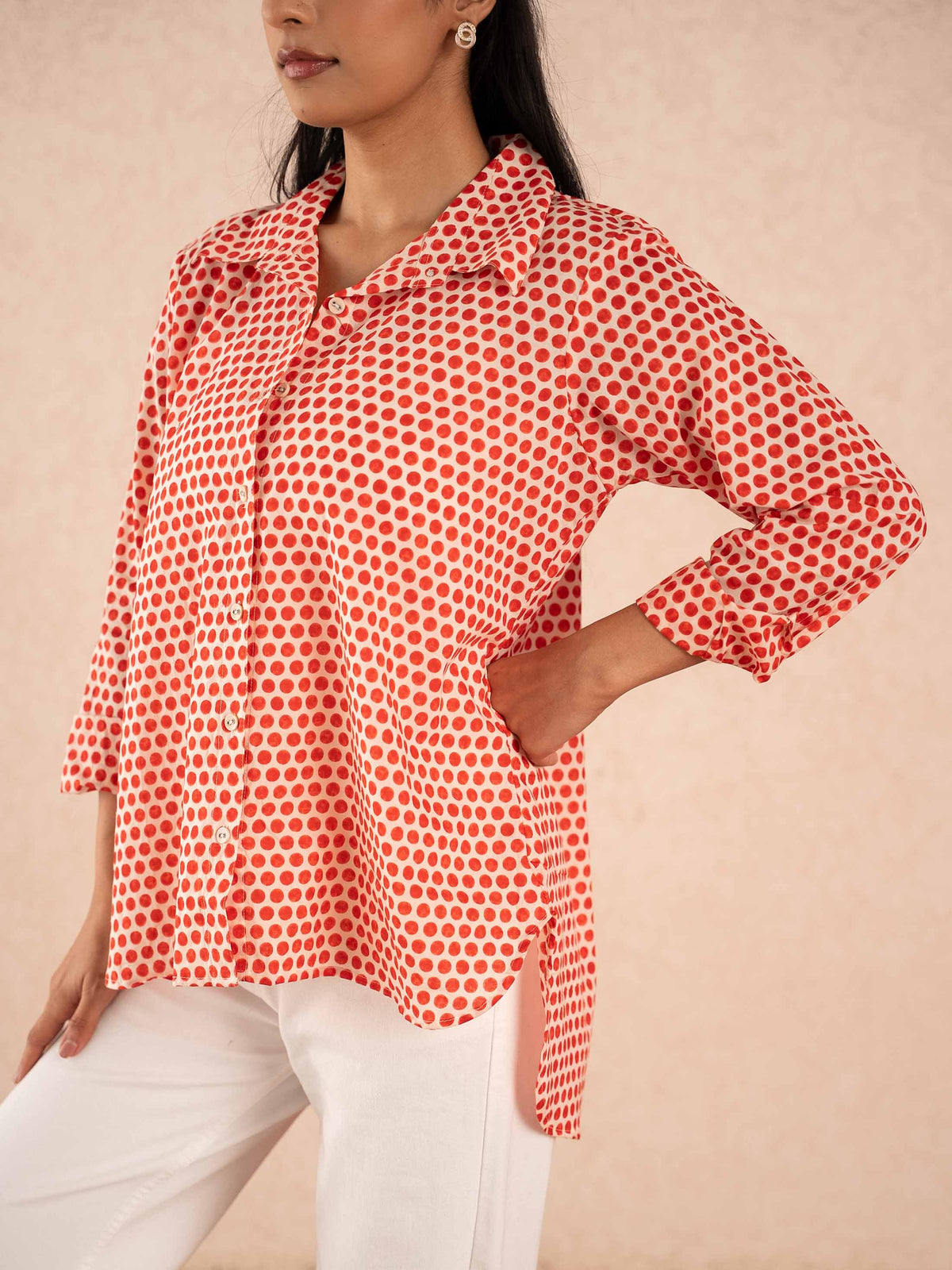 Red Polka Dot Print Relaxed Cotton Shirt