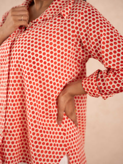 Red Polka Dot Print Relaxed Cotton Shirt