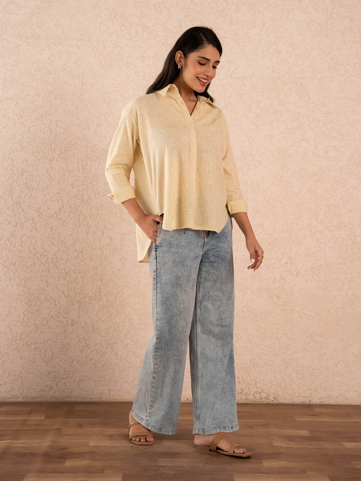 Pastel Yellow Textured Relaxed Cotton Shirt