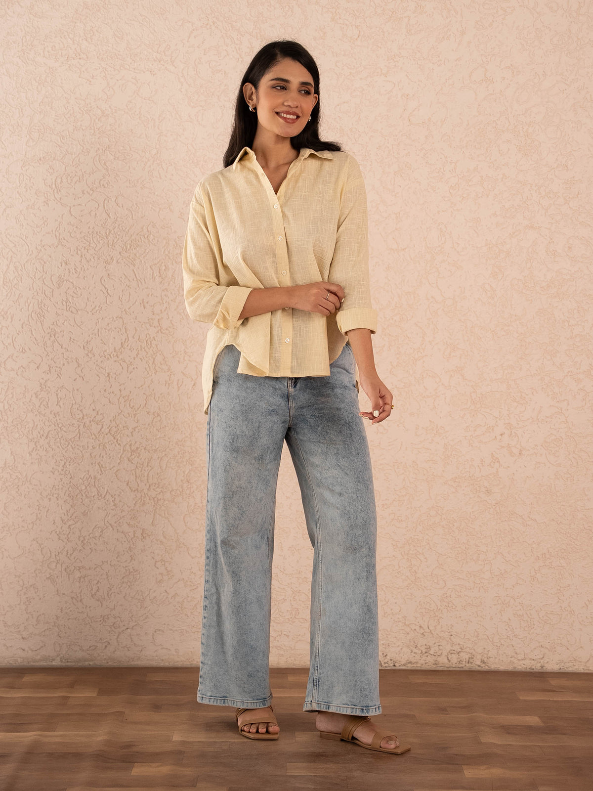 Pastel Yellow Textured Relaxed Cotton Shirt