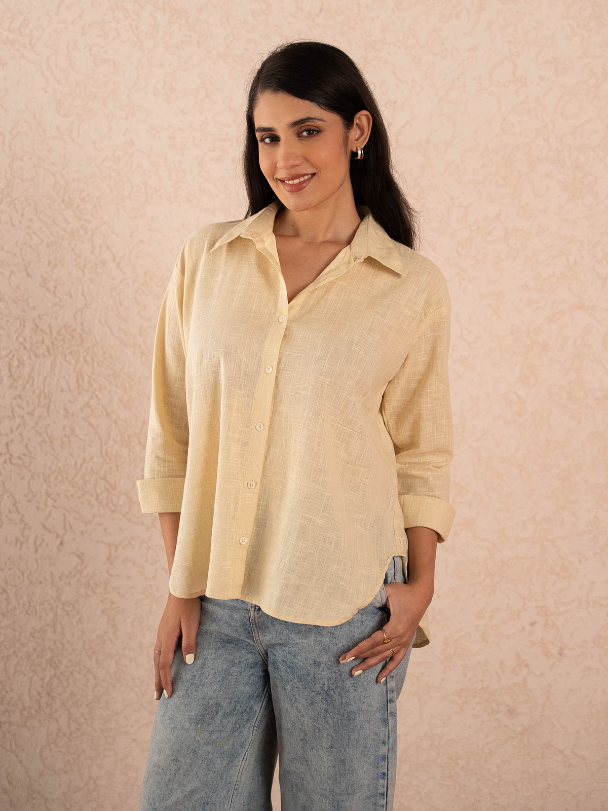 Pastel Yellow Textured Relaxed Cotton Shirt