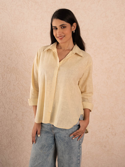 Pastel Yellow Textured Relaxed Cotton Shirt